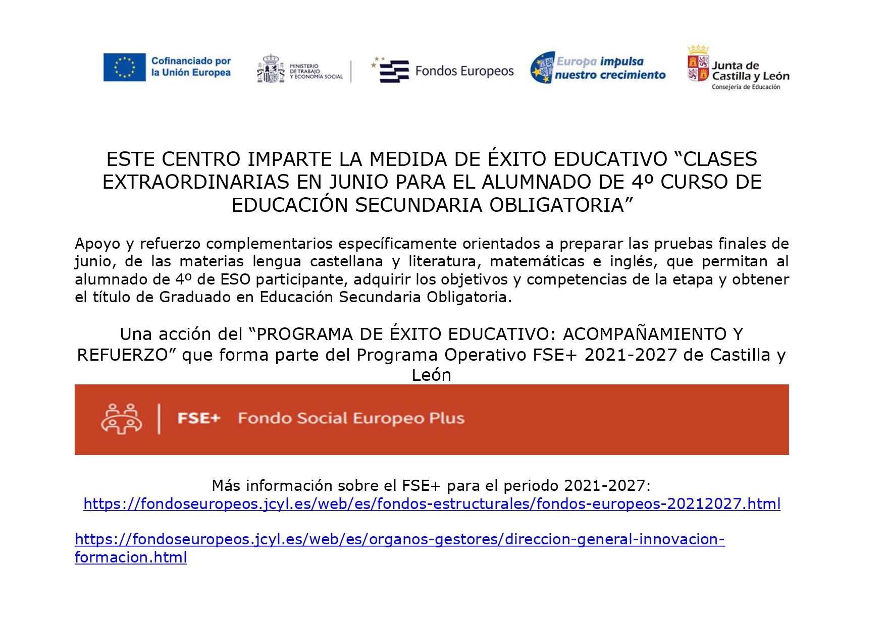ÉXITO EDUCATIVO “CLASES EXTRAORDINARIAS EN JUNIO 2024 - 4º ESO”
